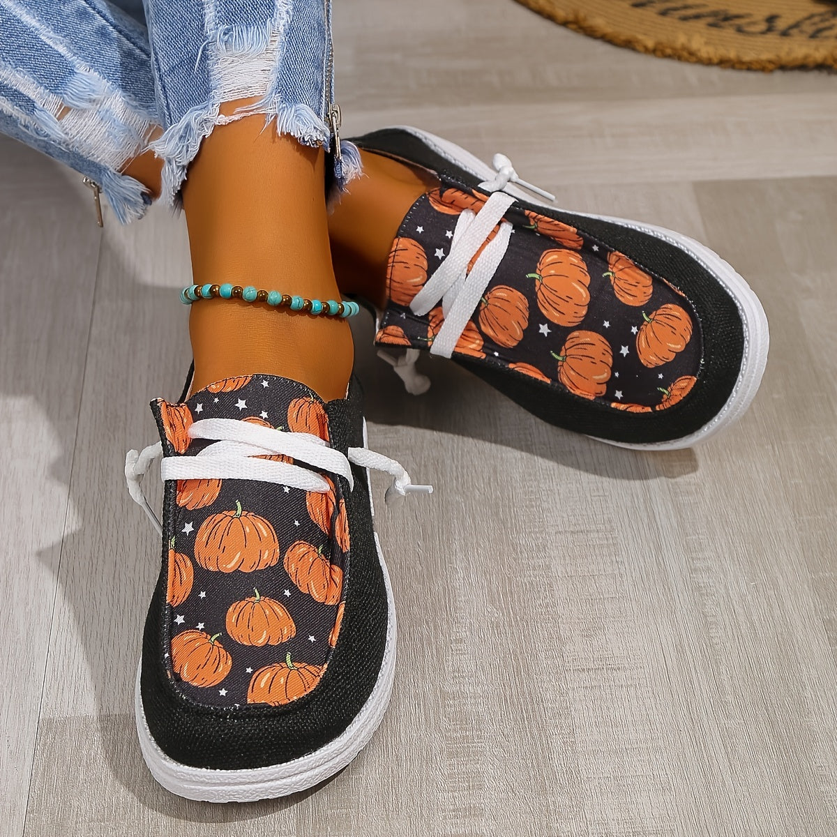 Pumpkin Print Canvas Shoes, Halloween Round Toe Loafers