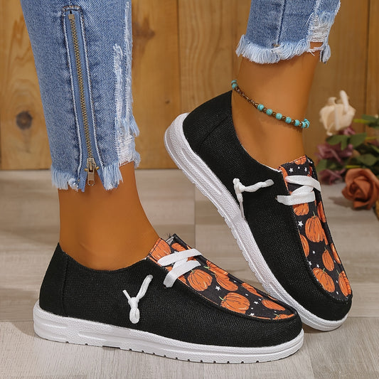 Pumpkin Print Canvas Shoes, Halloween Round Toe Loafers