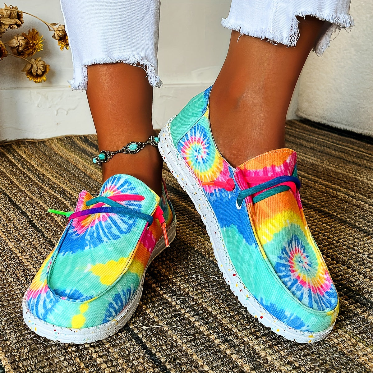 Tie Dye Color Canvas Shoes, Casual Lace Up Low Top Sneakers