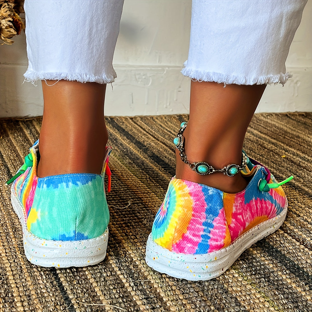 Tie Dye Color Canvas Shoes, Casual Lace Up Low Top Sneakers
